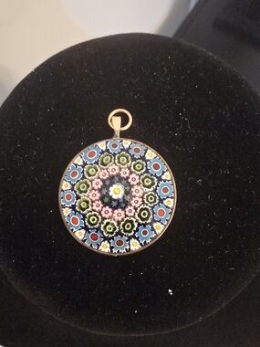 Murano Millefiori Floral Round Pendant Necklace - Blue, Pink & Green